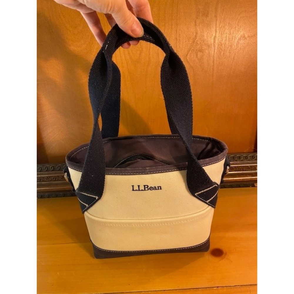 LL Bean Insulated Lunch Box Tote Bag Cream Navy Canvas Cooler Zip Top Pocket